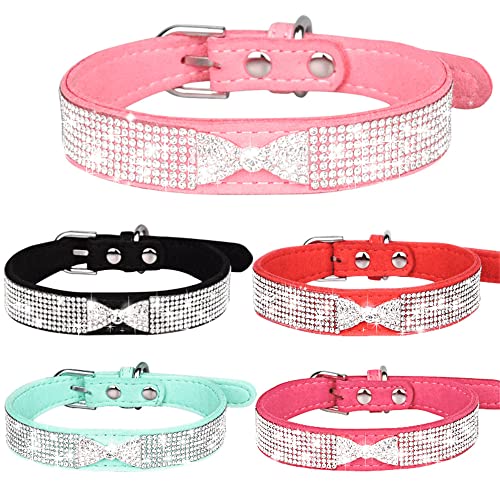 Hundehalsband, Strass-Fliege, niedlich, glitzernd, schillernd, weiches Leder, Katzenhalsband, Kristall, Diamant, Jungen, Mädchen, kleines Welpen, Kätzchen, Rosa, L von JPOJPO