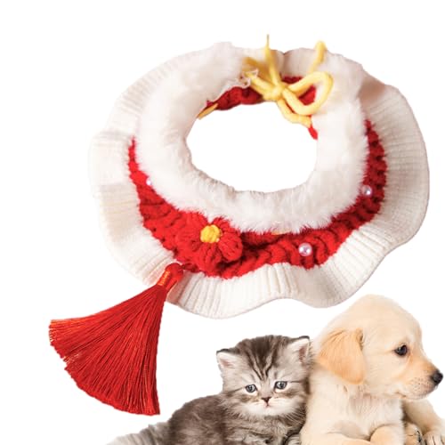JPSDOWS Neujahrs-Hundehalsband, gestricktes Katzenhalsband, verstellbares Hundehalsband für Silvester | Rotes Tierhalsband mit Quaste für Zuhause, Spaziergänge, Reisen, Halsbänder von JPSDOWS