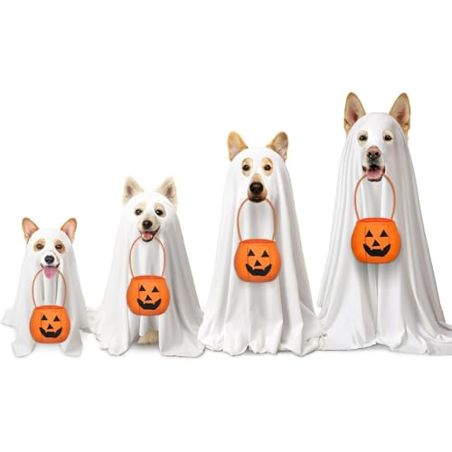 Halloween-Hundekostüme, 2er-Pack, weißes Geister-Outfit mit Vlies-Kürbis-Taschen für Hunde und Katzen, niedlicher Cosplay-Umhang für Halloween-Partys, Größe M Halloween-Hundekostüme, 2er-Pack, weißes Geister-Outfit mit Vlies-Kürbis-Taschen für Hunde und Katzen, niedlicher Cosplay-Umhang für Halloween-Partys, Größe M von JQTOP