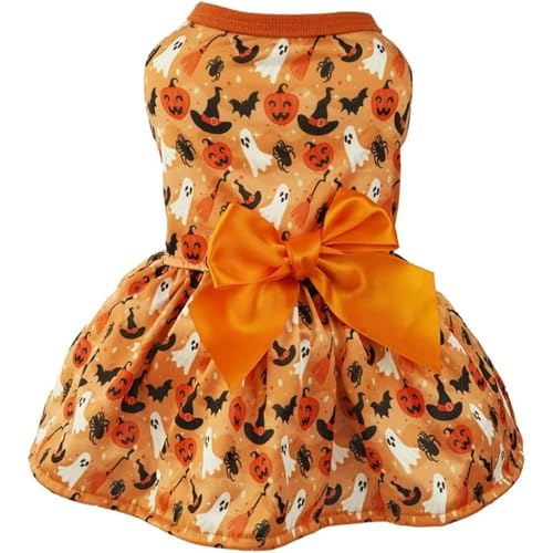Halloween-Welpenkleid – Entzückendes orangefarbenes Kürbis- und Geisterkostüm mit Fliege für kleine Hunde und Katzen – perfekt für Chihuahuas, Yorkshire Terrier und Pudel, Größe M (Oange) von JQTOP