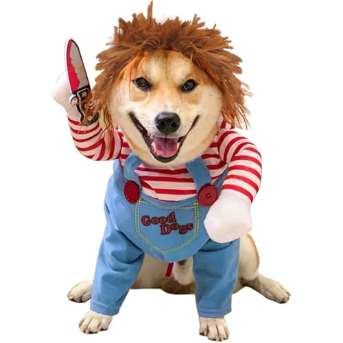 Lustiges Chucky Dog Halloween-Kostüm mit Perücke, gruseliges Cosplay-Outfit für Hunde mit Messer-Zubehör, Größe L Lustiges Chucky Dog Halloween-Kostüm mit Perücke, gruseliges Cosplay-Outfit für Hunde mit Messer-Zubehör, Größe L von JQTOP