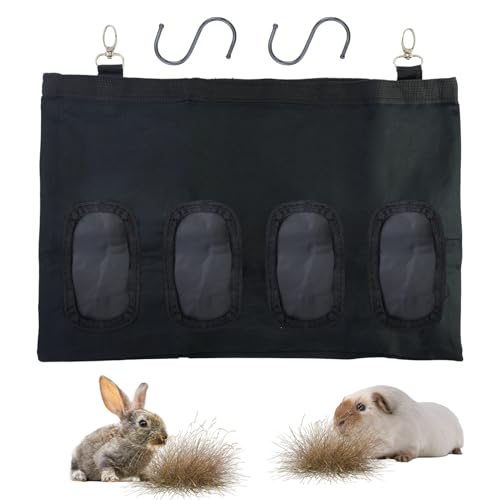 Kaninchen Heutasche,Heu-Futterbeutel,Kleintiere Heutasche,hängende Fütterung Heu mit 4 Fenster für kleine Haustiere, schwarz, mit 2 Stück S-Haken von JRSHIRLEYLTD