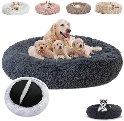 JRUI Hundebett Flauschig für Große Hunde, Rund Plüsch Hundekissen Katzenbett Waschbar, Hundesofa Hundekörbchen für Mittelgroße Hunde - Grau 120x120x20cm von JRUI