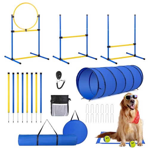 Agility-Kurs-Hinterhof-Set, Agility-Ausrüstung, Hunde-Hinderniskurs, Hinterhof mit 2 Agility-Hürden, Sprungring, 8 gewebte Stangen, Tunnel, Pausenbox, Spielzeugbälle und 2 tragbare Tragetaschen Agility-Kurs-Hinterhof-Set, Agility-Ausrüstung, Hunde-Hinderniskurs, Hinterhof mit 2 Agility-Hürden, Sprungring, 8 gewebte Stangen, Tunnel, Pausenbox, Spielzeugbälle und 2 tragbare Tragetaschen von JRUICFDY