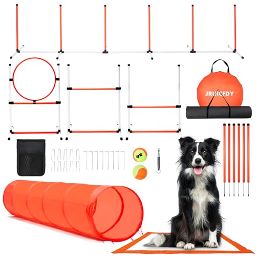Dog Agility Course Backyard Set, Dog Agility Equipment, Pet Hindernis Course Backyard with 6 Dual Mode Weave Poles, 2 Adjustable Hürdle, Jump Ring, Tunnel, Pause Box, Toy Balls and 2 Carrying Bags von JRUICFDY