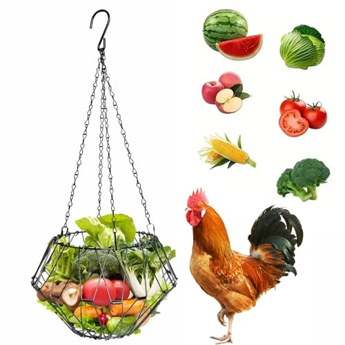 Hähnchen Gemüse Hängende Futterautomat, Faltbar Eisen Huhn Obst Feeder 16,5 Zoll Großer Hühner Spielzeug Zubehör mit Ketten zum Aufhängen für Enten Gänse Vögel (Schwarz) von JSUOEO