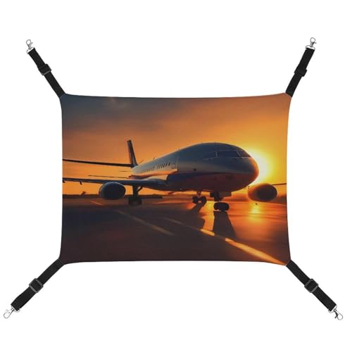 JTREWBV Kleine Tierhängematte, Flugzeug bei Sonnenuntergang, bedruckt, Hängematte, Käfighängematte, Betten mit verstellbaren Riemen und Metallhaken von JTREWBV