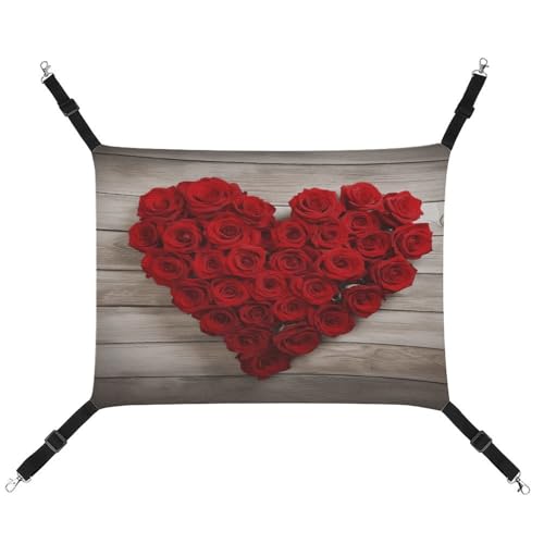 JTREWBV Kleine Tierhängematte, rote herzförmige Rosen, bedruckt, hängende Haustierhängematten, Käfighängematte, Betten mit verstellbaren Riemen und Metallhaken von JTREWBV