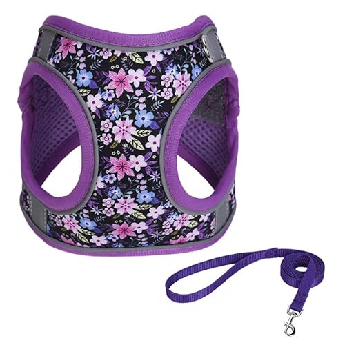 JUFOO S Hundegeschirr und Leine, Set mit violettem Blumenmuster, kein Entkommen, leichtes Gehen, Welpengeschirr für Training, Spazierengehen, atmungsaktiv, verstellbare Welpenweste für kleine, JUFOO S Hundegeschirr und Leine, Set mit violettem Blumenmuster, kein Entkommen, leichtes Gehen, Welpengeschirr für Training, Spazierengehen, atmungsaktiv, verstellbare Welpenweste für kleine, von JUFOO
