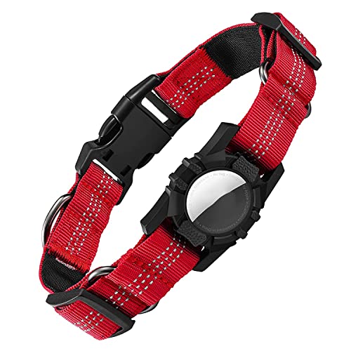 JUJIAN Hundehalsband, Reflektierende Tag Hundehalsband für Airtags - Einstellbare Langlebige Heavy Duty Hundehalsband Rot von JUJIAN
