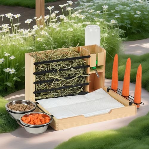 JUJOYBD 5-in-1 Kaninchen Futterstation aus Holz, Heuraufe mit Trinkflasche, 2 Näpfen, Karottenhalter und Pinkelpads, Rabbit Hay Feeder Futterspender für Kleintiere wie Zwergkaninchen Meerschweinchen JUJOYBD 5-in-1 Kaninchen Futterstation aus Holz, Heuraufe mit Trinkflasche, 2 Näpfen, Karottenhalter und Pinkelpads, Rabbit Hay Feeder Futterspender für Kleintiere wie Zwergkaninchen Meerschweinchen von JUJOYBD