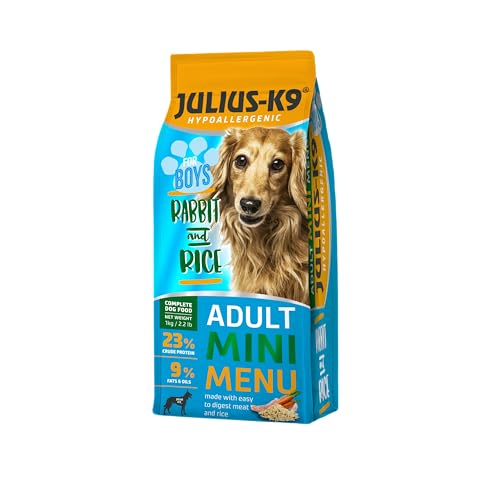 JULIUS-K9 Adult Hypoallergenes Trockenfutter mit Kaninchen und Reis 1 kg – Ausgewogene Vollnahrung für erwachsene Rüden, Ohne Huhn, proteinreich, Haut- und Fellschutz, Für kleine und mittelgroße Hunde von JULIUS K-9