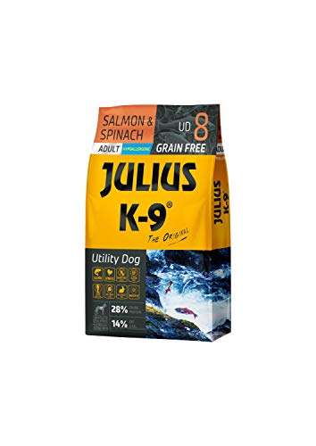 Julius K-9 Arbeitshund Erwachsenen Lachs & Spinat getreidefreies, glutenfreies Hunde-Trockenfutter, 1er Pack (1 x 10 kg) von JULIUS K-9