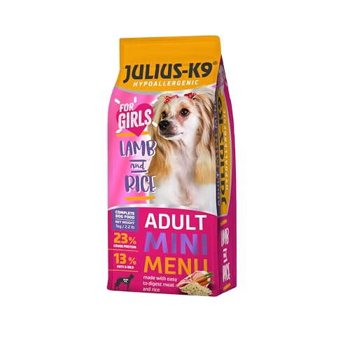 Julius-K9 Adult Hypoallergenes Trockenfutter für Hunde mit Lamm und Reis 1 kg – Ausgewogene Vollnahrung für Erwachsene Hündinnen, Ohne Huhn, Haut und Fell, Für kleine und mittelgroße Hunde von JULIUS K-9