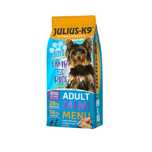 Julius-K9 Adult Hypoallergenes Trockenfutter mit Lamm und Reis 1 kg – Ausgewogene Vollnahrung für Erwachsene Rüden, Ohne Huhn, proteinreich, Haut- und Fellschutz, Für kleine und mittelgroße Hunde von JULIUS K-9