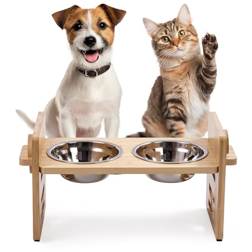 Set mit 2 Näpfen, höhenverstellbar, für Hunde und Katzen, aus Holz für Tiere von JUMI