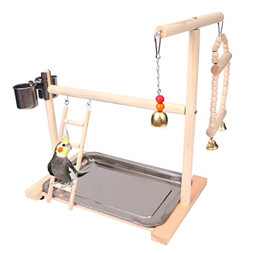 JUMPLAWN Hölzerner Papageienspielplatz mit Futterstation und Schaukel für Wellensittiche Papageien und Kleine Vögel im Käfig oder Garten mit Kletterleiter von JUMPLAWN