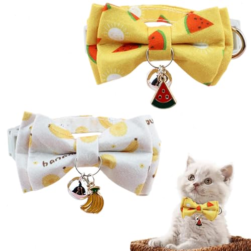 2-teiliges Katzenhalsband mit Fliege und Glöckchen, Obstmuster, Katzenfliege, Frühlingskatzenhalsband, abtrünniges, süßes Kätzchenhalsband mit Glöckchen, süßes Halsband aus weichem Polyester von JUNCHUANG