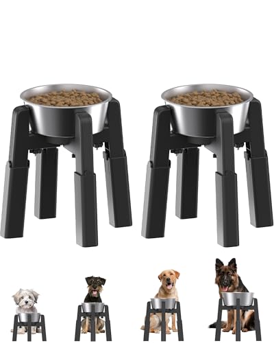JUNSPOW 2Pack Hundenapfhalterung mit Edelstahlnäpfen mit Einstellbarer Höhe und Breite, erhöhter Wasser- und Futternapf für mittlere und große Haustiere, stabil und rutschfest von JUNSPOW