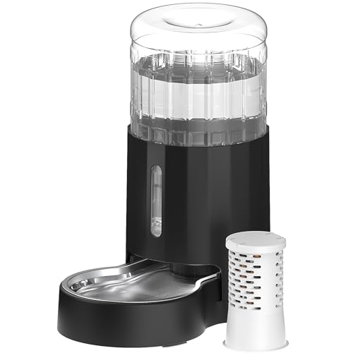 JUNSPOW 4L automatischer Filter-Wasserspender für Hunde und Katzen mit Edelstahlschüssel, Schwerkraft-Tränke, großes Fassungsvermögen und geräuschfreier Trinkbereich für Haustiere, schwarz von JUNSPOW