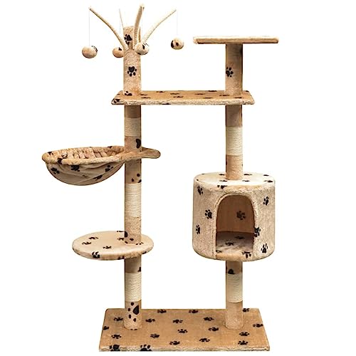 Katzen-Kratzbaum, JUNZAI Katzenzubehöhr, Kratzbaum Für Katzen, Katze Baum, Katzenkratzbaum, Katzenturm, Katzenmöbel, 125 cm Beige mit Pfoten-Aufdruck von JUNZAI