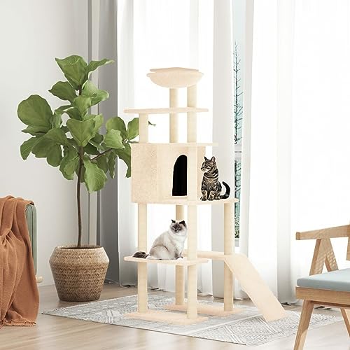 Kratzbaum mit Sisal-Kratzsäulen, JUNZAI Katzenkratzbaum, Kratzbaum, Kratzsäule, Katzen Kratzmöbel, Katzenkratzsäule, Creme 166 cm von JUNZAI