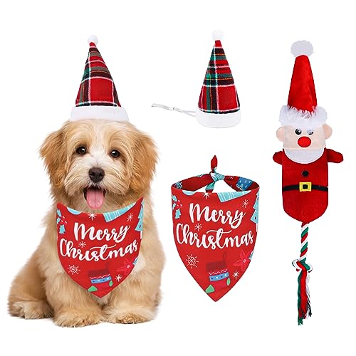 JUPSK 3 Stück Hundehalstuch, Weihnachtsmütze und quietschendes Hundespielzeug, Beißspielzeug für Hunde, Kätzchen Welpen kleine Hunde von JUPSK