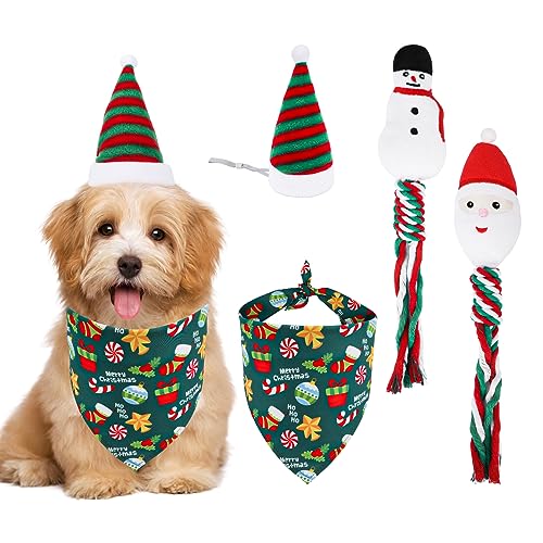 JUPSK 4 Stück Hundehalstuch, Weihnachtsmütze und quietschendes Hundespielzeug, Beißspielzeug für Hunde, Kätzchen Welpen kleine Hunde von JUPSK