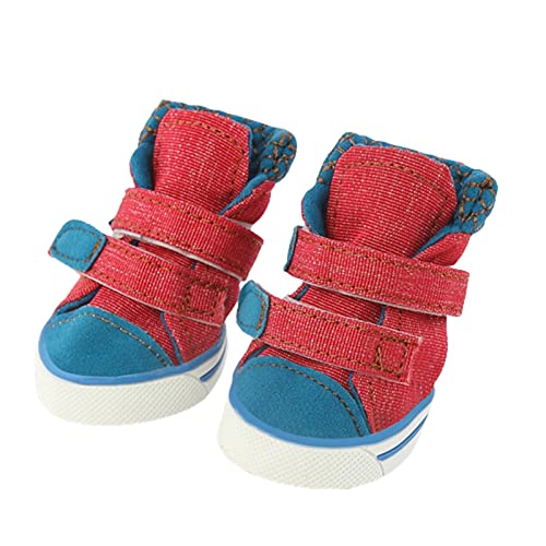 JUSHZ Hundeschuhe Pfotenschutz Dog Shoes Hund Schuhe Atmungsaktiv 4er-Set Abriebfester Anti Rutsch Gegen Hitze Haustier Sommer Verschleißfester Denim Komfortabel PU-Gummisohle (5,red) von JUSHZ