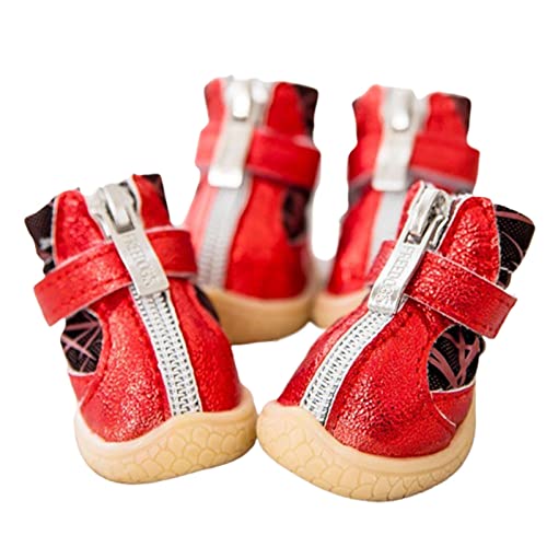 JUSHZ Hundeschuhe Pfotenschutz Dog Shoes Hund Schuhe Puppy 4er-Set Abriebfester Anti Rutsch Frühling Atmungsaktiv Reflektierender Streifen Gittergewebe Mit Reißverschluss (1,red) von JUSHZ