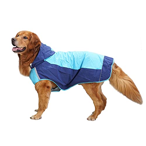 JUSHZ Regenmantel Hund Wasserdicht Regenjacke Hund Hunderegenmantel Hunderegenjacke Regenmantel Große Hunde Haustierjacke Mit Kapuze Reflektierender Streifen Outdoor-Kleidung ärmellos (7,Blue) von JUSHZ