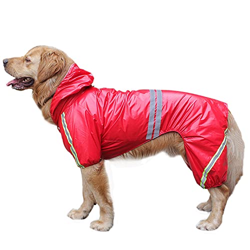 Regenmantel Hund Wasserdicht Regenjacke Hund Hunderegenmantel Hunderegenjacke Regenmantel Große Hunde Kapuze Mit Beinen wasserdichte Haustierkleidung Reflektierender Streifen (M,red) von JUSHZ