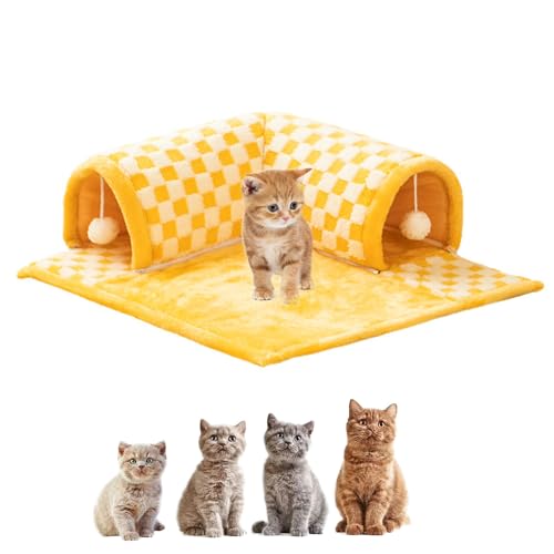 Cat Tunnel Bed, Katzentunnel und Bett, 2-in-1-Katzentunnel Mit Lustigem Plüsch-Karomuster, Katzentunnelbett mit Zentraler Matte, mit Flauschigem Spielzeugball für Hauskatzen von JUZIGUNIANG