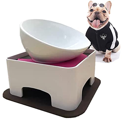 JWPC Bulldoggen-Futternapf, rutschfest, für Hunde und Katzen, Abnehmbarer Gummi-Futternapf, steril, geneigt, mit abgeschrägter Basis (Weiß (Keramik), 1.5 Cup) von JWPC