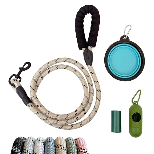 JPWET Hundetrainingsleine, 1,8 m lange Leine mit weich gepolstertem Griff, strapazierfähiger, reflektierender Haken, faltbarer Reisenapf, auslaufsichere Kotbeutel und Spender, Beige, 4-teilig von JWPET