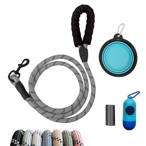 JPWET Hundetrainingsleine, 1,8 m lange Leine mit weich gepolstertem Griff, strapazierfähiger, reflektierender Haken, faltbarer Reisenapf, auslaufsichere Kotbeutel und Spender, Grau, 4-teilig von JWPET