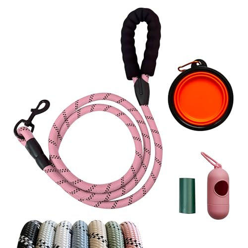 JPWET Hundetrainingsleine, 1,8 m lange Leine mit weich gepolstertem Griff, strapazierfähiger, reflektierender Haken, faltbarer Reisenapf, auslaufsichere Kotbeutel und Spender, Rosa, 4-teilig von JWPET