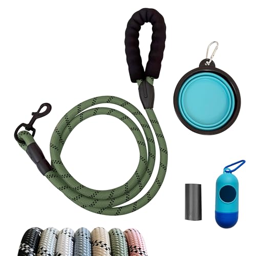 Jpwet Hundetrainingsleine, 4 Stück, 1,8 m, mit gepolstertem, weichem Griff, strapazierfähigem, reflektierendem Haken, faltbarer Reisenapf, Hundekotbeutel und Spender für Hunde (grün) von JWPET