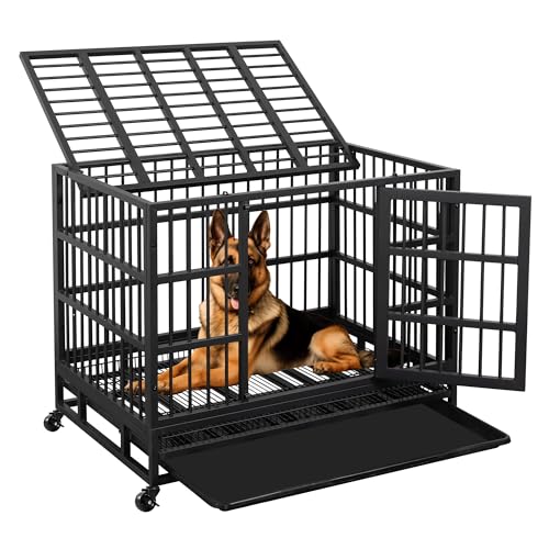 JY QAQA Hundekäfig, robust, unzerstörbar, Doppeltüren, ausbruchsicher, verstärkter Metall-Haustierkäfig, extra groß, XL, XXL, für große Hunde, mit abnehmbarem Tablett und feststellbaren Rädern, 96,5 von JY QAQA PET