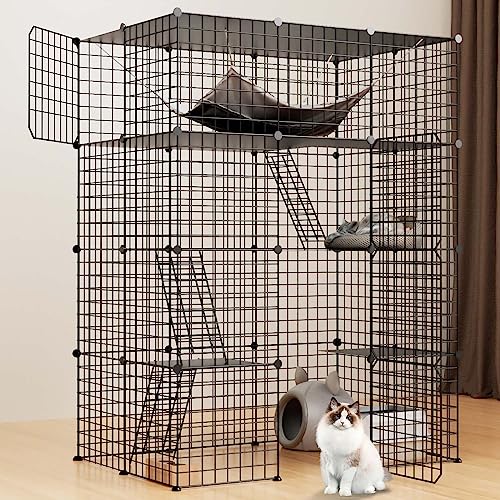 JYEARN Katzenkäfig Indoor Groß DIY Haustier Laufstall Katzengehege Kleintierhaus Abnehmbares Haustier Laufstall mit 4 Türen 3 Etagen für 1-5 Katzen mit Plattformen, 74 x 100 x 140 cm (L x B x H) von JYEARN