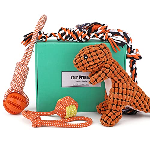 Welpe Hundespielzeug Set - Hund Weihnachten Geburtstag Geschenke, Hund Seil Spielzeug für Zahnen, Welpe Kauspielzeug von 8 Wochen Kleiner Hund, weicher Plüsch Hundespielzeug mit Geschenk-Box (Orange) von JYPS