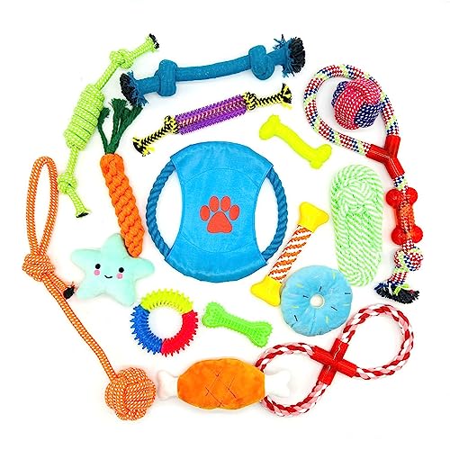 JZK 17x Tough Hundespielzeug Set,Hund Kauspielzeug,Baumwollseil Spielzeug für Kleine Mittel Große Hunde,Zahnen Spielzeug für Hunde,Knotenseil Ball Spielzeug,Stofftiere und Silikonspielzeug für Kauer von JZK