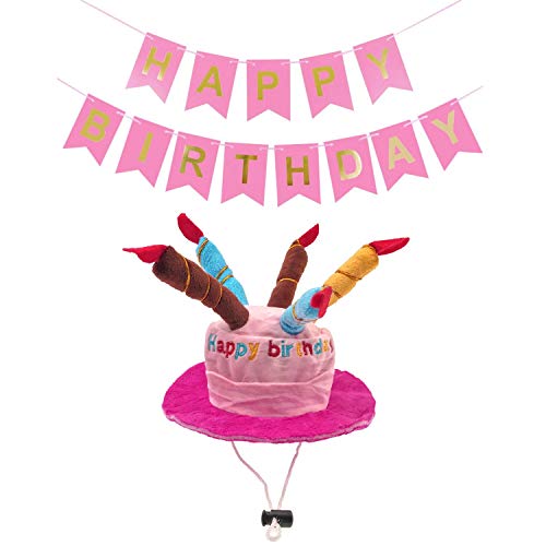 JZK Kuchen Kerze geformt Rosa Samt Geburtstag Hut Mütze Spielzeug und Rosa Happy Birthday Banner für Mädchen Hunde Katzen, Haustier Hund Katze Geburtstag Party Dekoration Zubehör von JZK