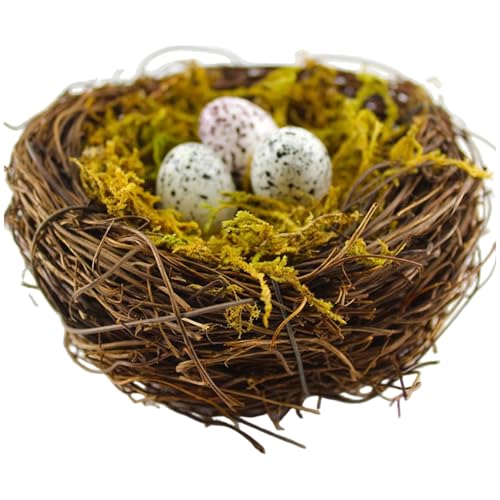Simulation Rattan Bird Nest 7, 9x3, 2 Zoll Dekoratives Handwerk Nest mit 3 Eiern für Garten, Hof, Ostern, Partydekoration von JZLEJC