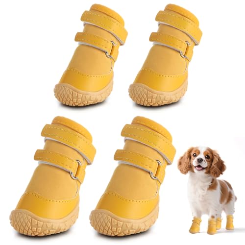 Hundeschuhe für kleine Hunde, atmungsaktive Hundestiefel, Pfotenschutz für heißen Gehweg, Winter, Schnee, Hundeschuhe mit robuster rutschfester Sohle für Hartholzböden, Spaziergänge im Freien, Gelb von JZXOIVA