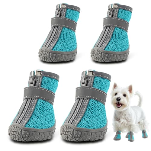 Hundeschuhe für kleine Hunde Stiefel, atmungsaktive Hundeschuhe, Pfotenschutz für Outdoor-Spaziergänge, Welpenschuhe mit reflektierenden Streifen, robuste Anti-Rutsch-Sohle für Hartholzböden, heißer Gehweg, Winterschnee 4 Stück/Set von JZXOIVA