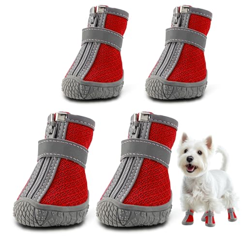 Hundeschuhe für kleine Hunde Stiefel, atmungsaktive Hundeschuhe, Pfotenschutz für Outdoor-Spaziergänge, Welpenschuhe mit reflektierenden Streifen, robuste Anti-Rutsch-Sohle für Hartholzböden, heißer Gehweg, Winterschnee 4 Stück/Set von JZXOIVA