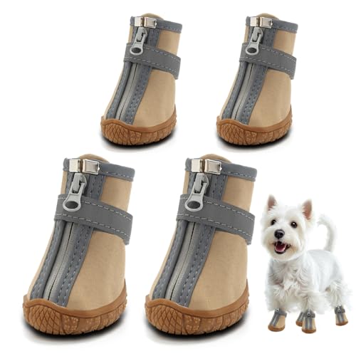 Hundeschuhe für kleine Hunde Stiefel, wasserdichte Hundeschuhe, Pfotenschutz für Outdoor-Spaziergänge, Welpenschuhe mit reflektierenden Streifen, robuste Anti-Rutsch-Sohle für Hartholzböden, heißer Gehweg, Winterschnee 4 Stück/Set von JZXOIVA