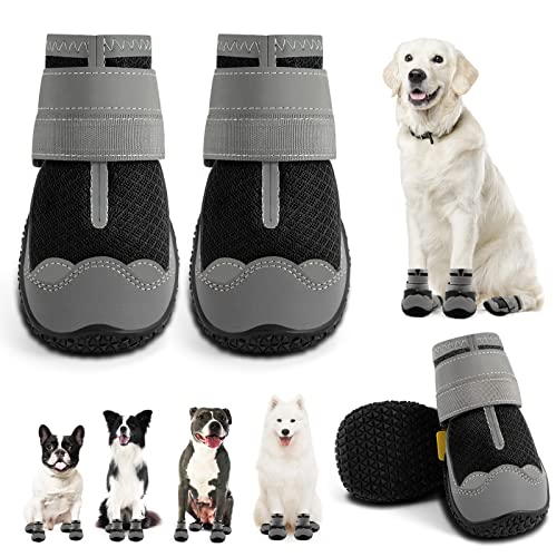 Jzxoiva Hundeschuhe für große Hunde Stiefel, atmungsaktive Hundeschuhe für Hartholzböden, Outdoor Pfotenschutz mit reflektierenden Streifen für heißen Bürgersteig Winter Schnee Wandern Schuhe 4 von JZXOIVA