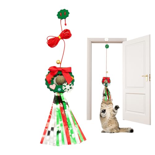 Jacekee Katzenspielzeug zum Aufhängen an der Tür für Hauskatzen - Weihnachts-Katzenspielzeug zum Aufhängen für den Innenbereich - Weihnachts-Rentier/Kranz, interaktives Schnurfeder-Katzenspielzeug von Jacekee